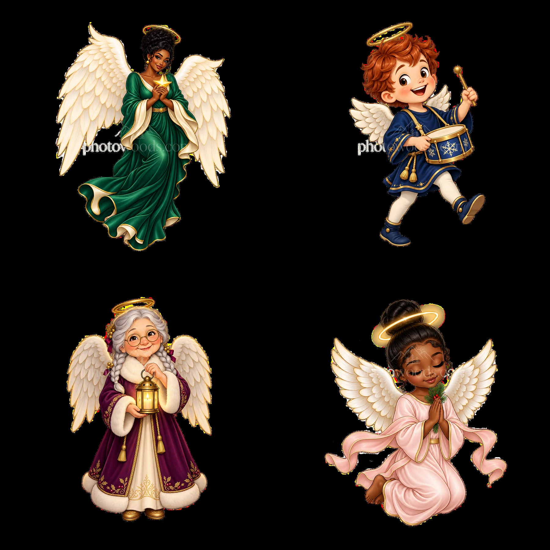 Four Christmas angel cartoon stickers with different characters - AI-generated stock image