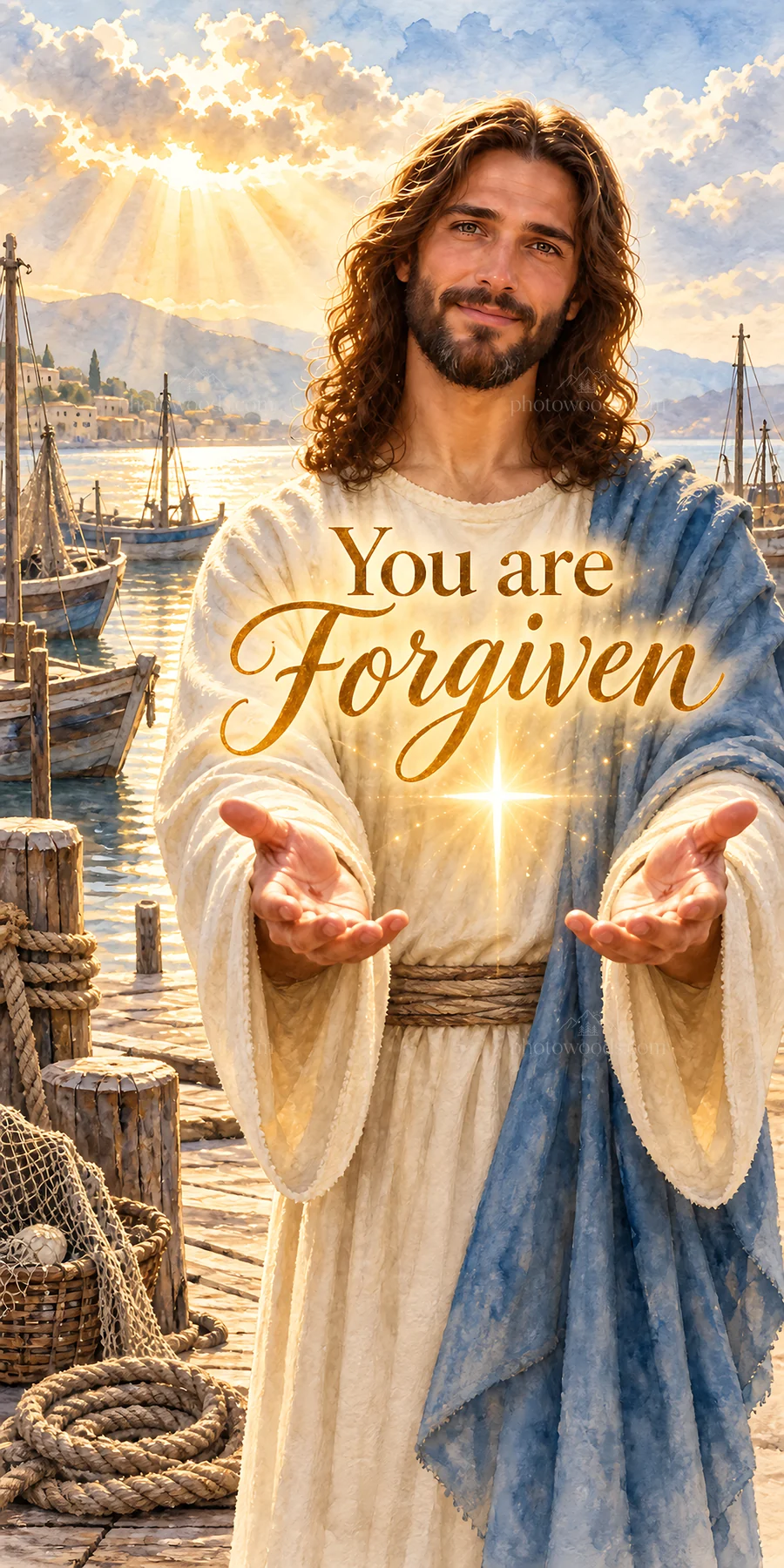 Jesus Christ offers forgiveness in a peaceful harbor scene - AI-generated stock image