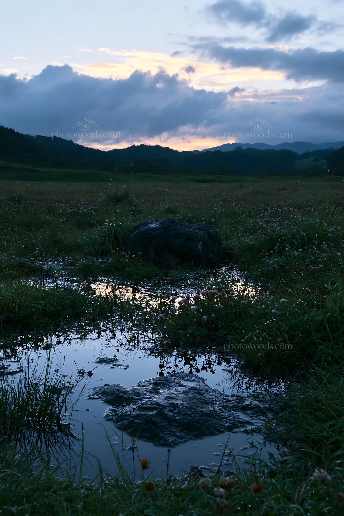 Nagano drought resilient meadow granite boulder at sunset - AI-generated stock image