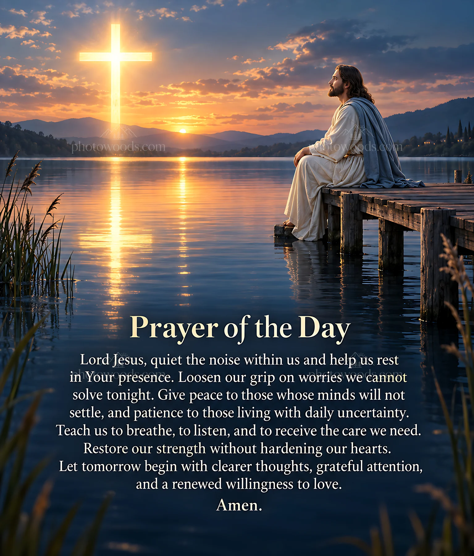 Stillness at the lakeshore with sunset and figure in contemplation - AI-generated stock image