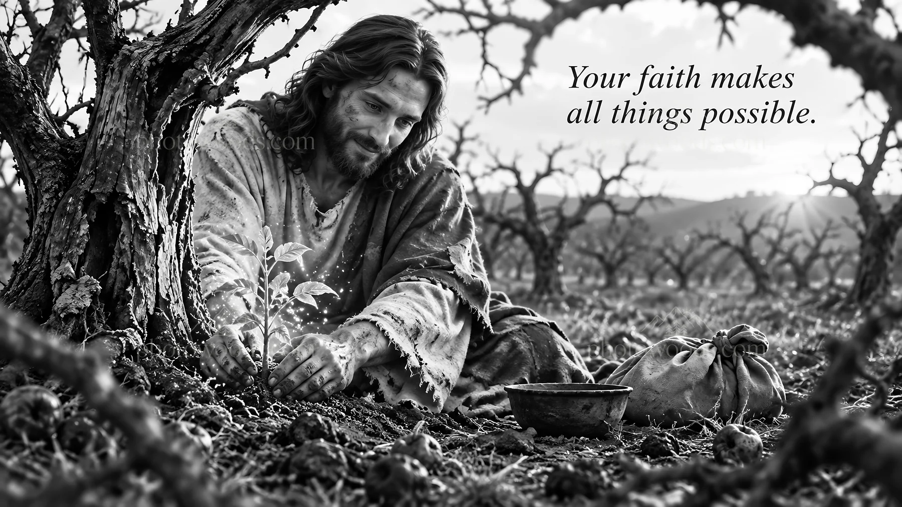 Jesus Christ tending to a growing plant in a field - AI-generated stock image