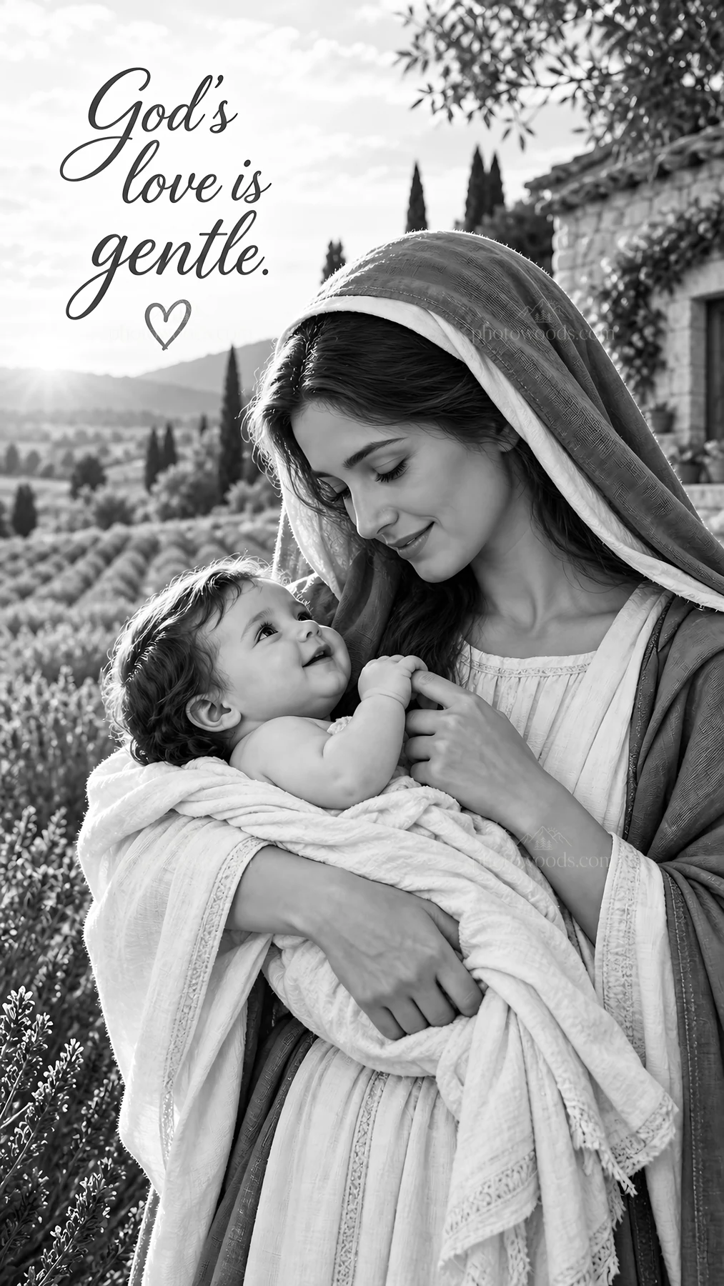 Jesus Christ with mother and child demonstrating divine love - AI-generated stock image