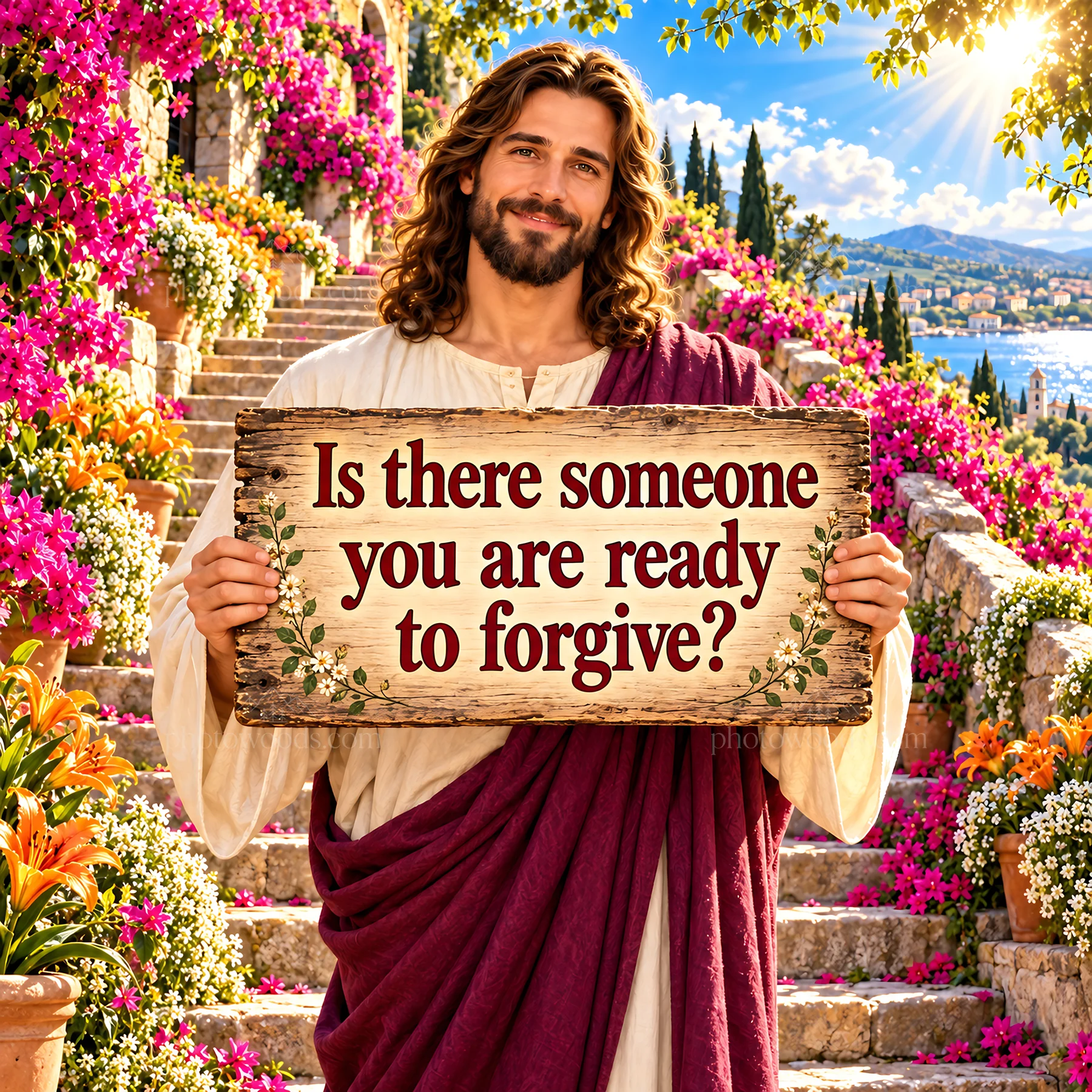 Jesus Christ inviting forgiveness in a vibrant garden setting - AI-generated stock image