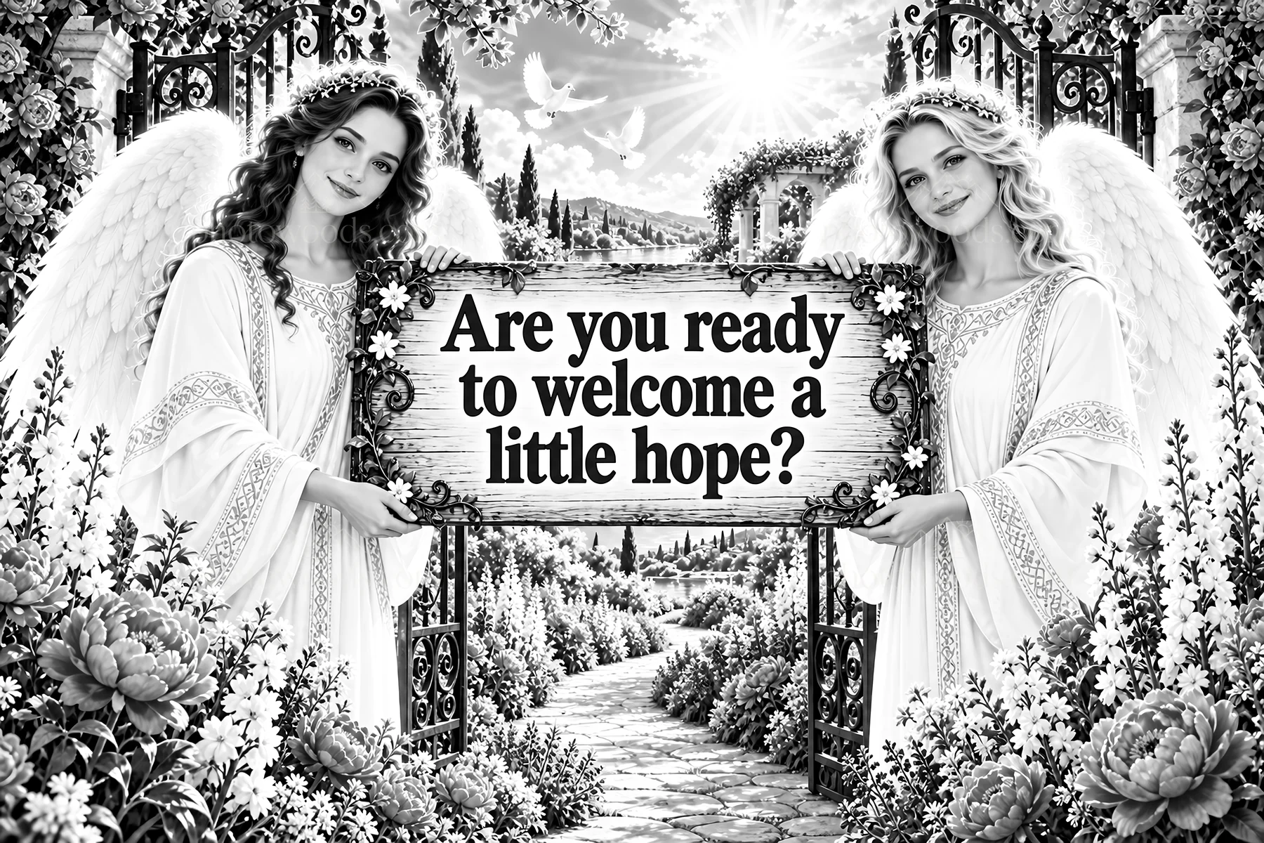 Jesus Christ brings hope through angels in a beautiful garden - AI-generated stock image