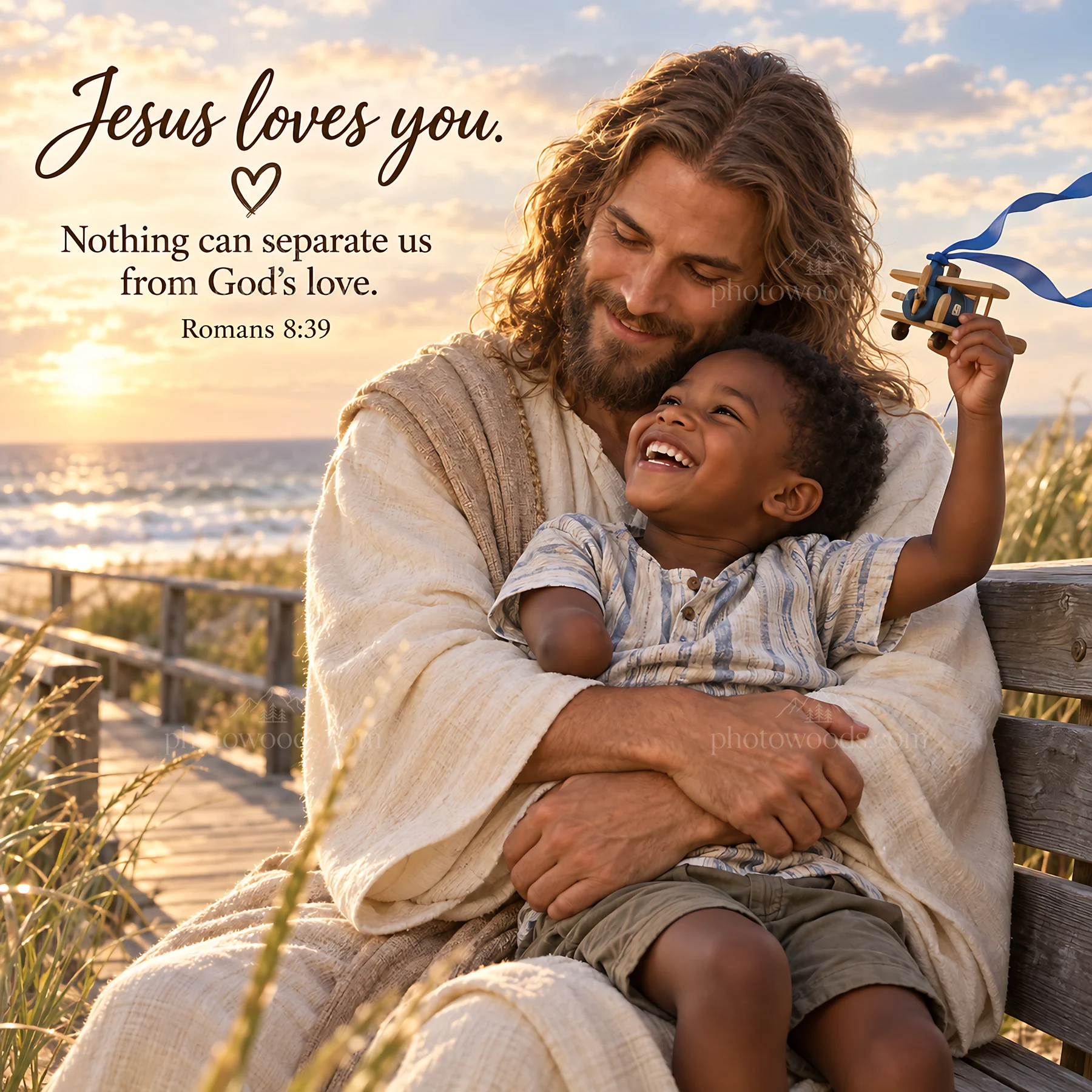 Jesus Christ shares love and joy with a child - AI-generated stock image