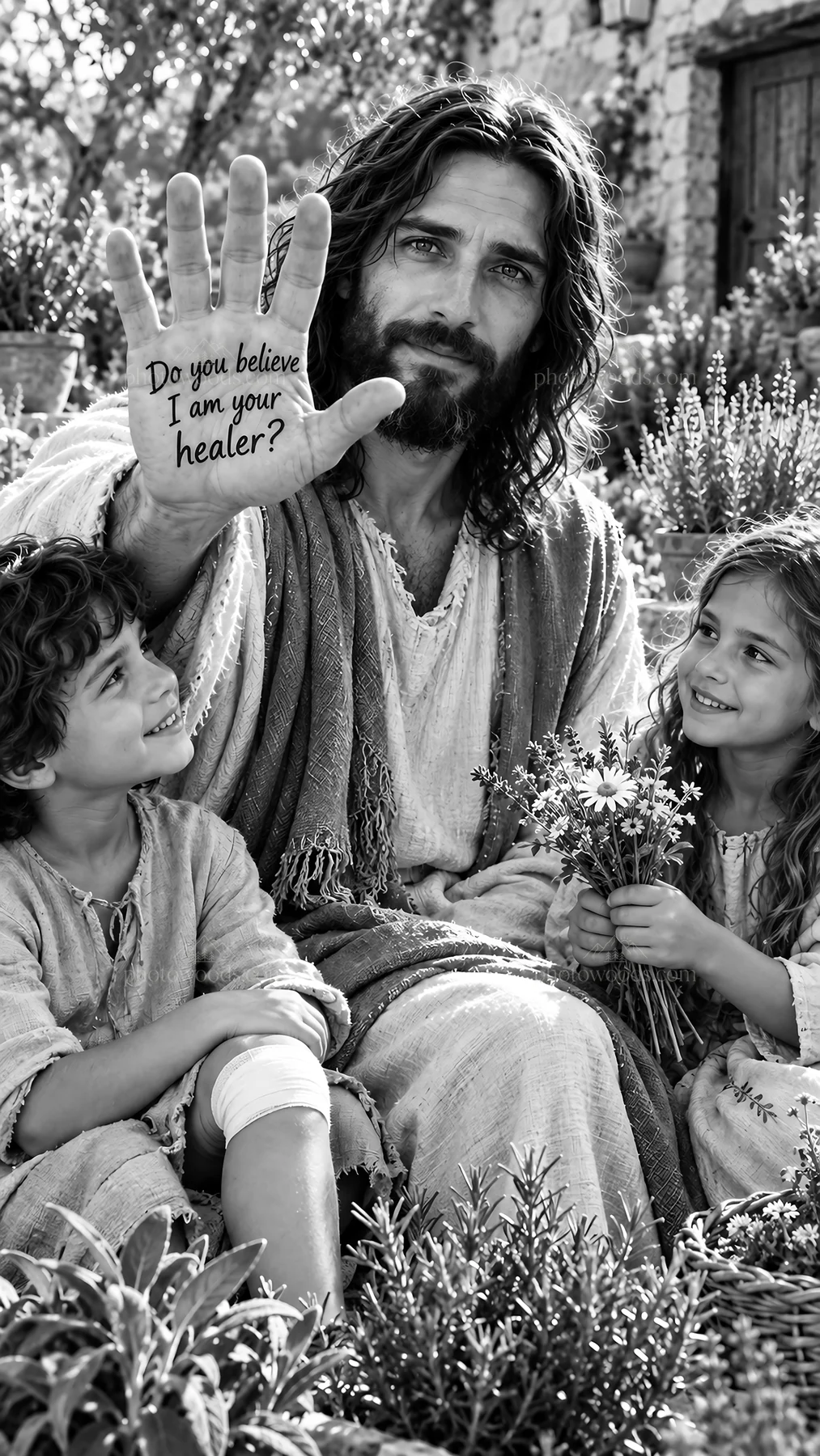 Jesus Christ teaching children about healing - AI-generated stock image
