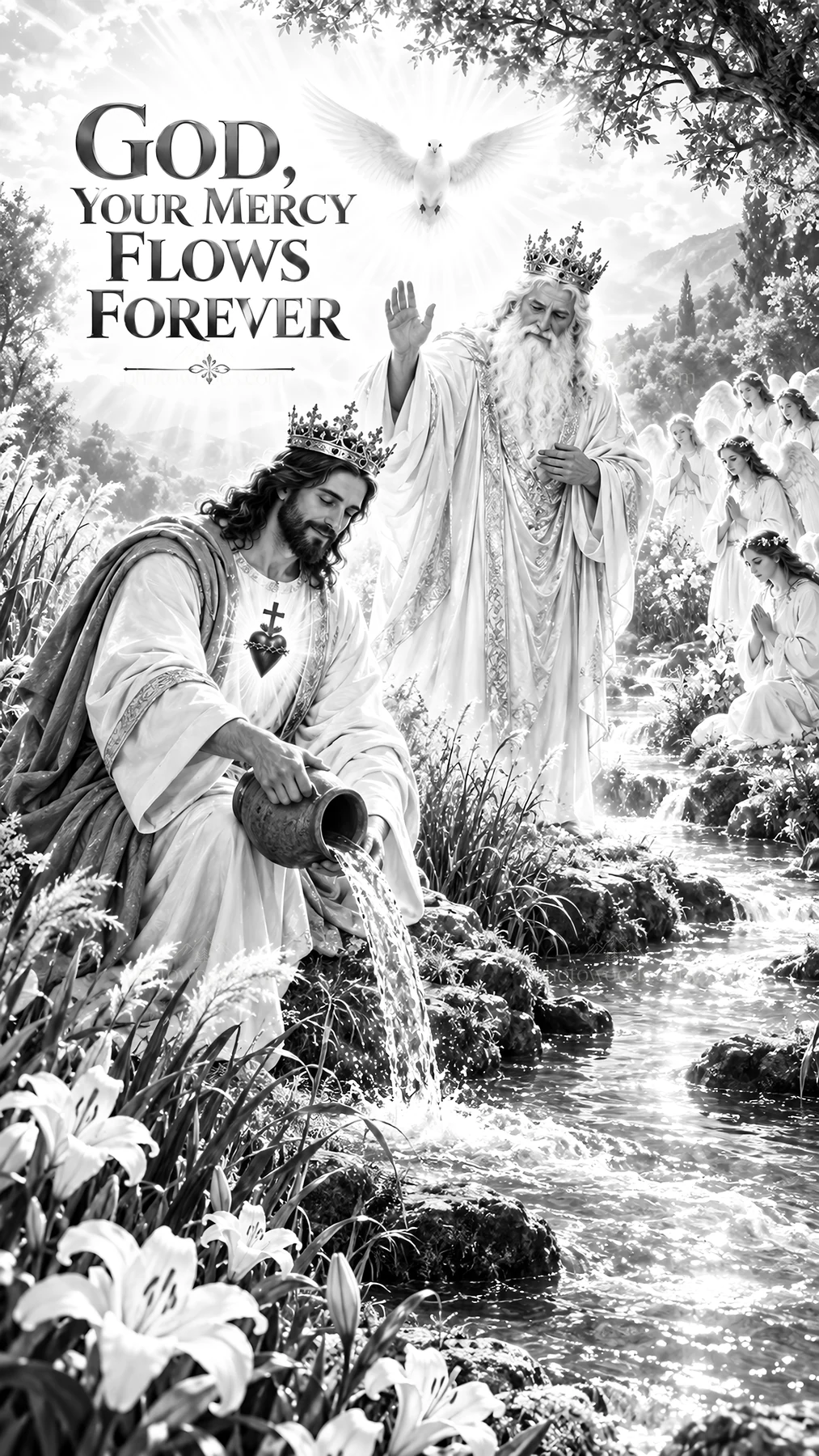 Jesus Christ pours water in a lush garden - AI-generated stock image