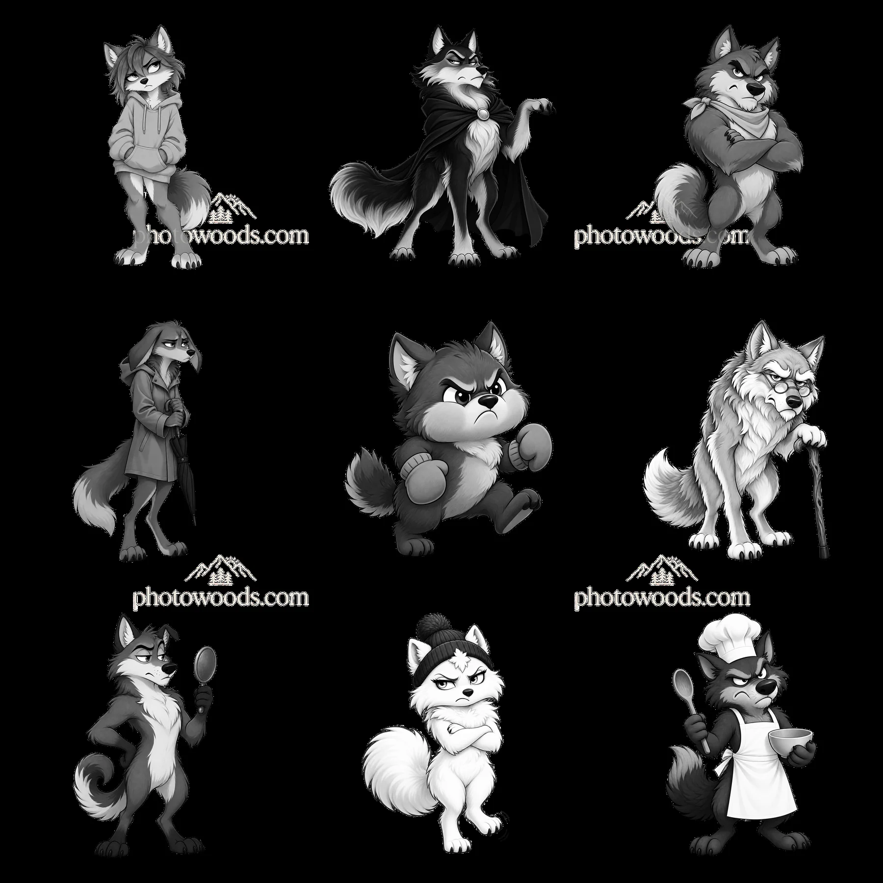 Grumpy wolf characters in various poses and outfits - AI-generated stock image