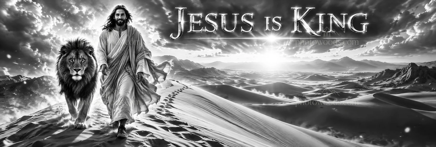 Jesus Christ walks with a lion in a desert landscape - AI-generated stock image