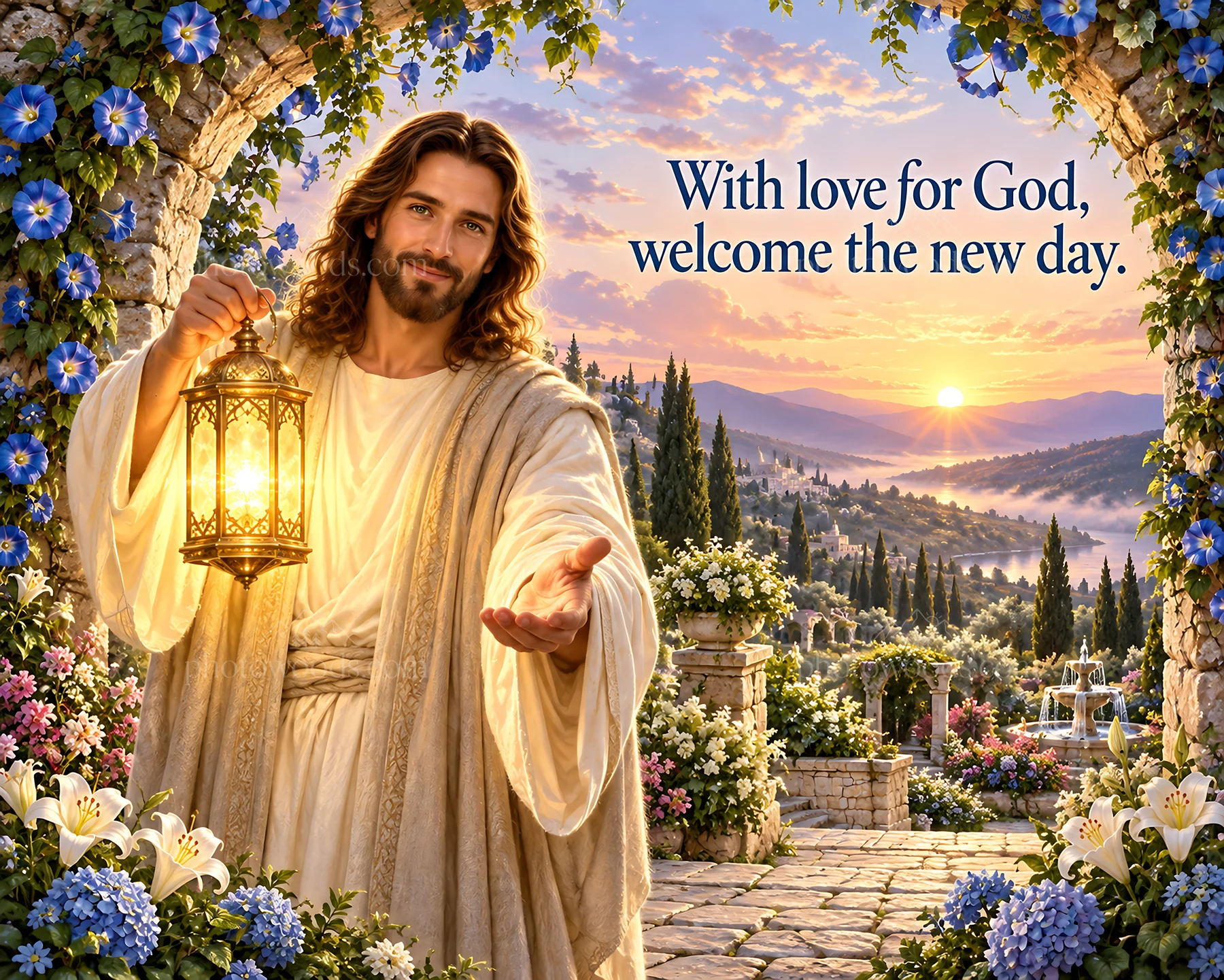 Jesus Christ welcoming the new day with light - AI-generated stock image