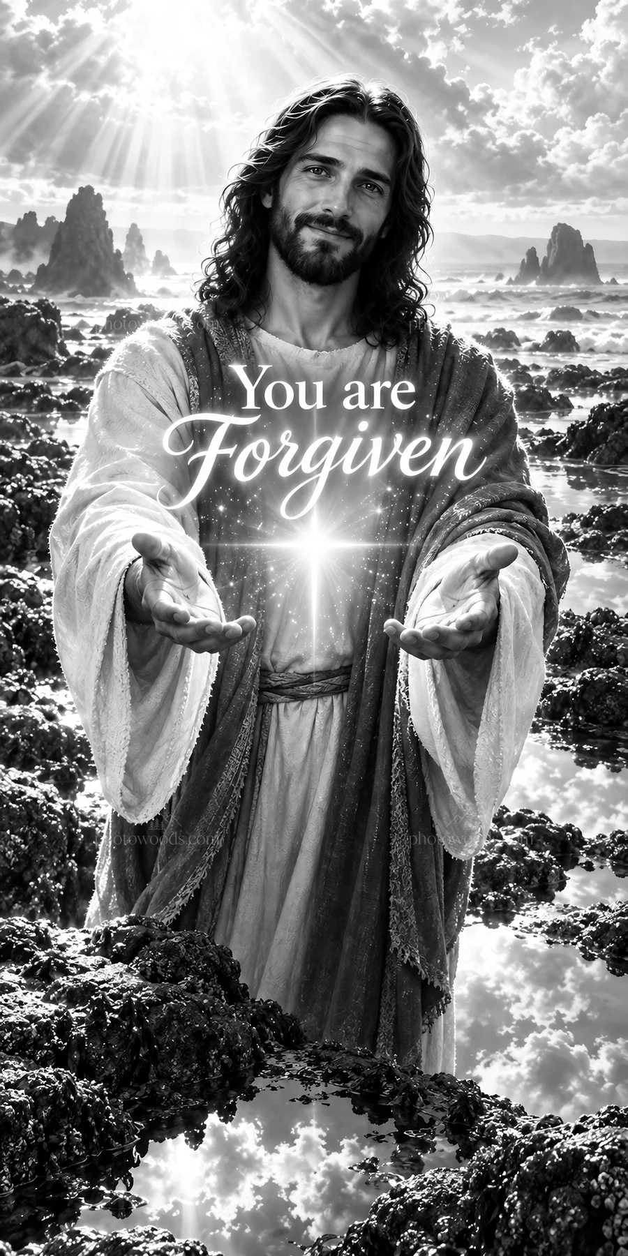 Jesus Christ welcomes the viewer with a message of forgiveness - AI-generated stock image