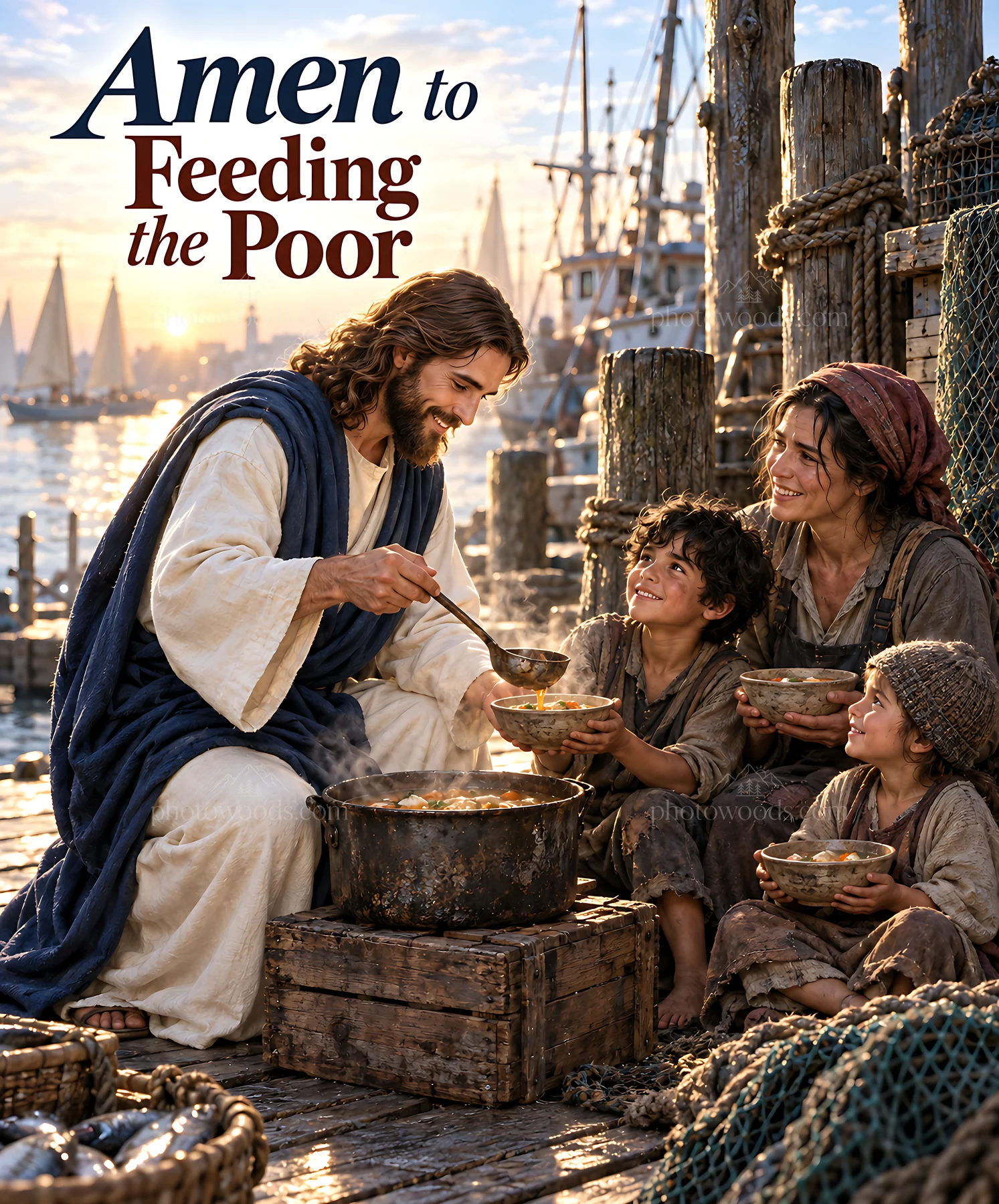 Warm food served at the harbor to families in need - AI-generated stock image