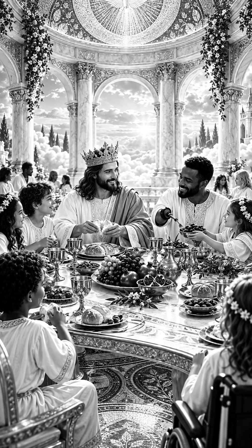 Jesus Christ sharing a meal with children and friends - AI-generated stock image