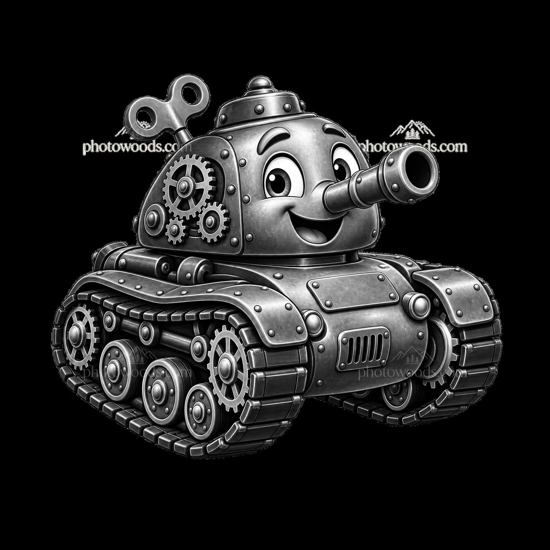 Cartoon tank with character face and wind-up key - AI-generated stock image