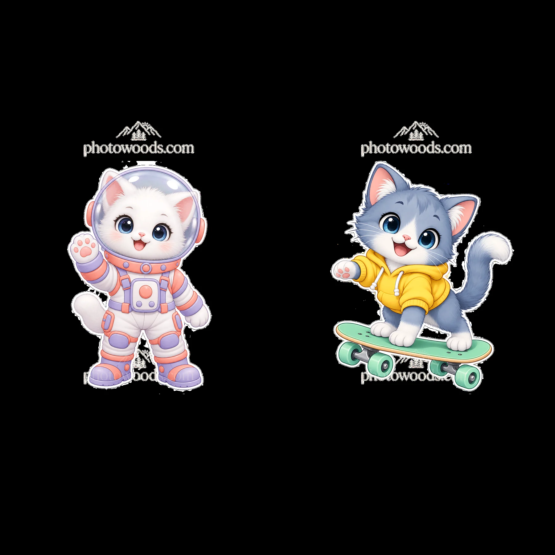 Kawaii cats in space suit and skateboard outfit - AI-generated stock image