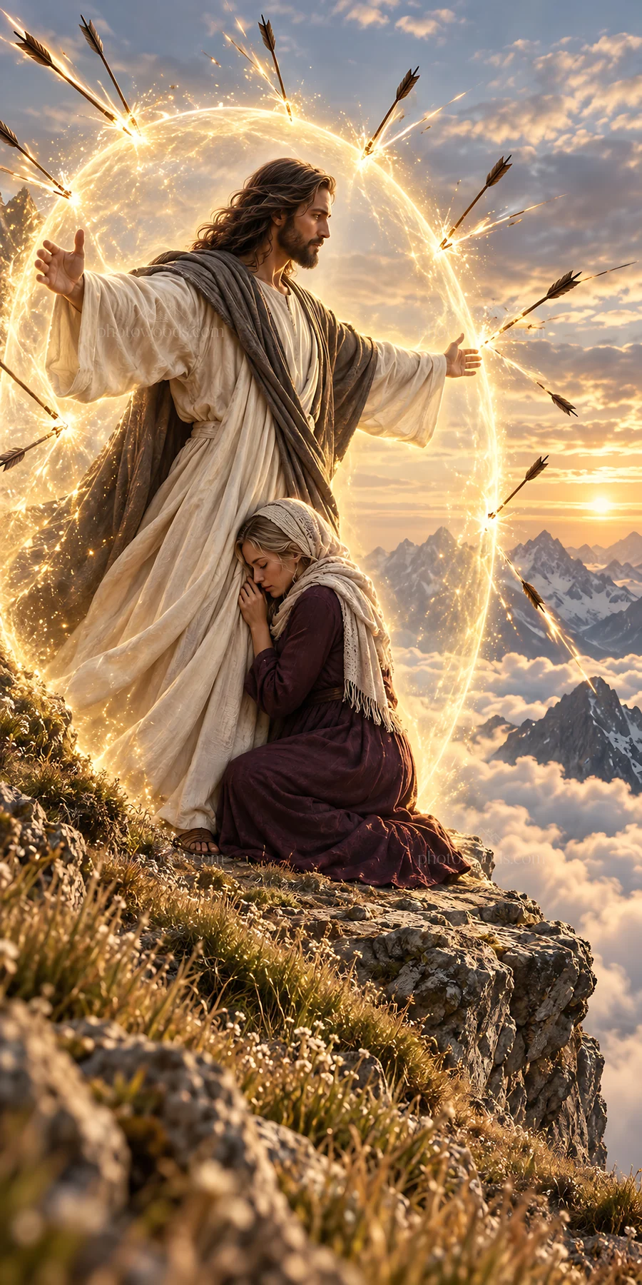 Jesus Christ protects a woman with outstretched arms - AI-generated stock image