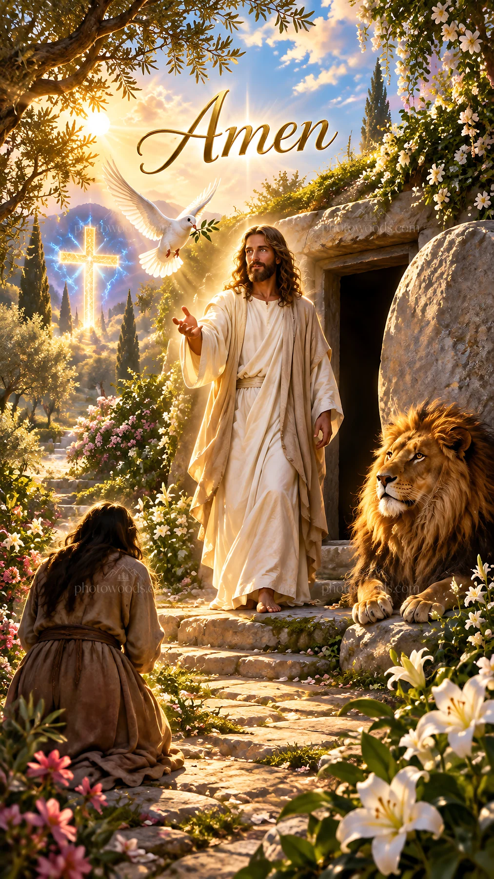 Jesus Christ comforting a person near a cave and a lion - AI-generated stock image