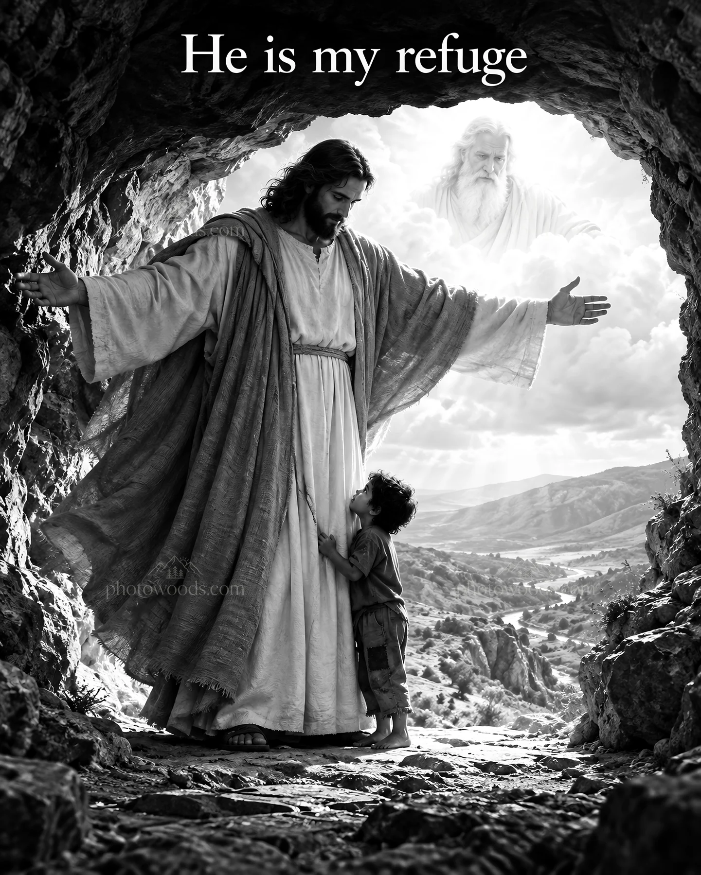 Jesus Christ welcoming a child in a rocky landscape - AI-generated stock image