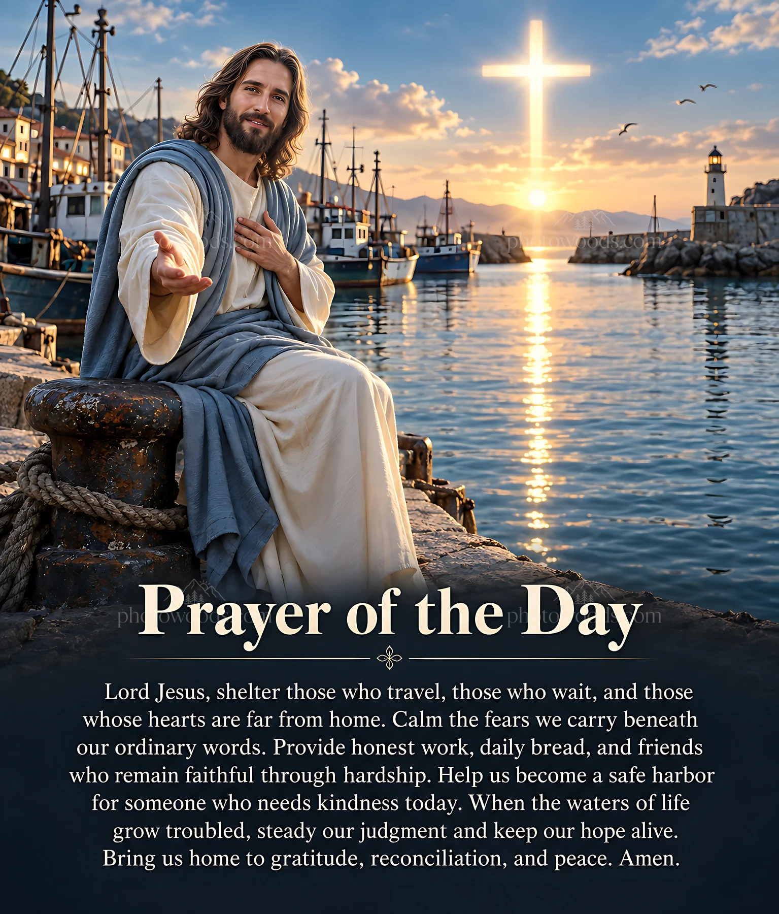 Prayer by the harbor with cross at sunset - AI-generated stock image