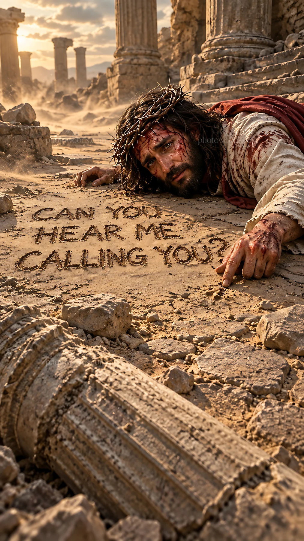 Jesus Christ reaching out to the viewer in a dusty ancient setting - AI-generated stock image
