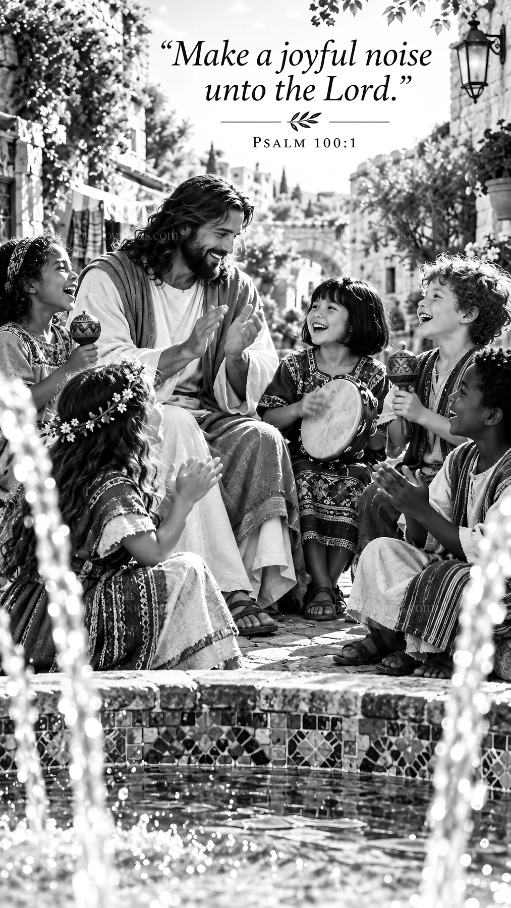 Jesus Christ sharing joy with children in a vibrant scene - AI-generated stock image