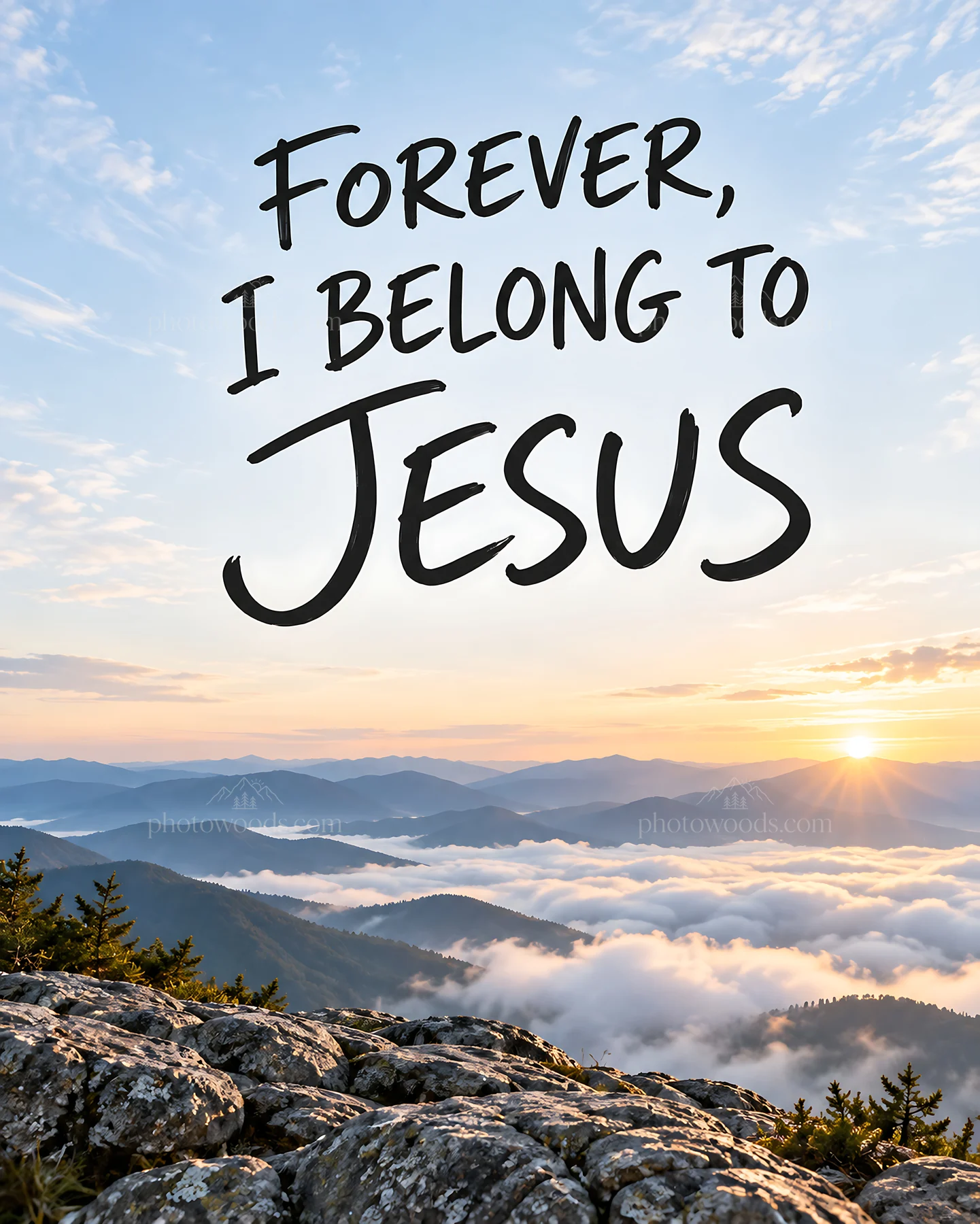 Jesus Christ welcomes the viewer at sunrise in a mountain scene - AI-generated stock image