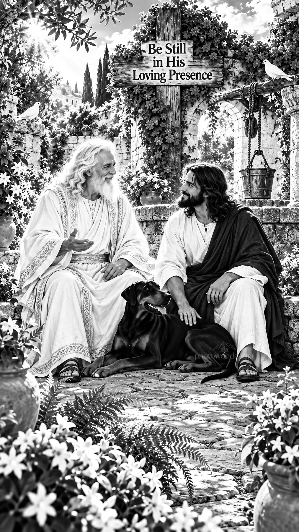 Jesus Christ sharing a moment in a garden with a faithful friend - AI-generated stock image