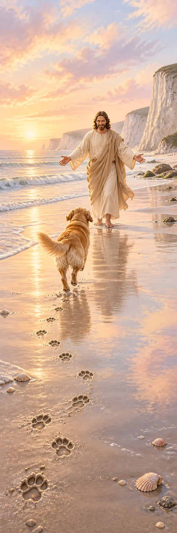 Jesus Christ welcoming a dog on the beach at sunset - AI-generated stock image