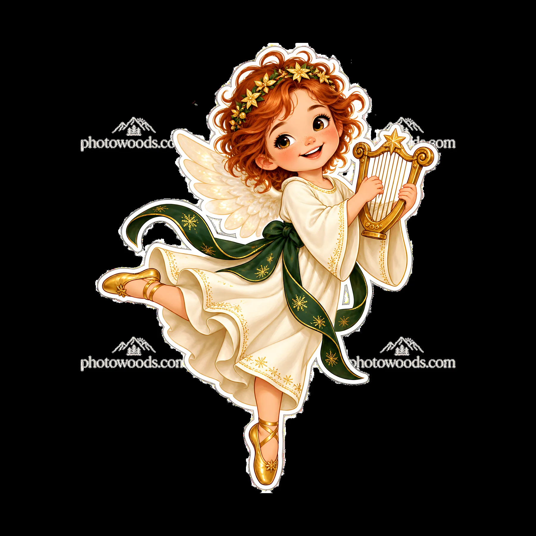 Christ Child with harp playing in white dress and golden shoes - AI-generated stock image