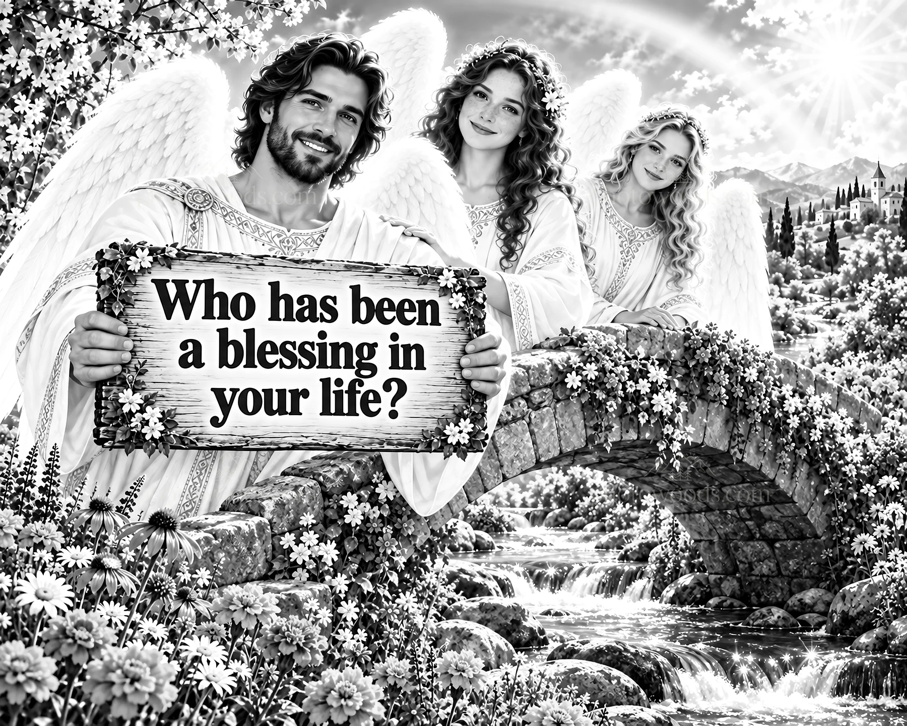 Jesus Christ with angels asking about blessings in life - AI-generated stock image