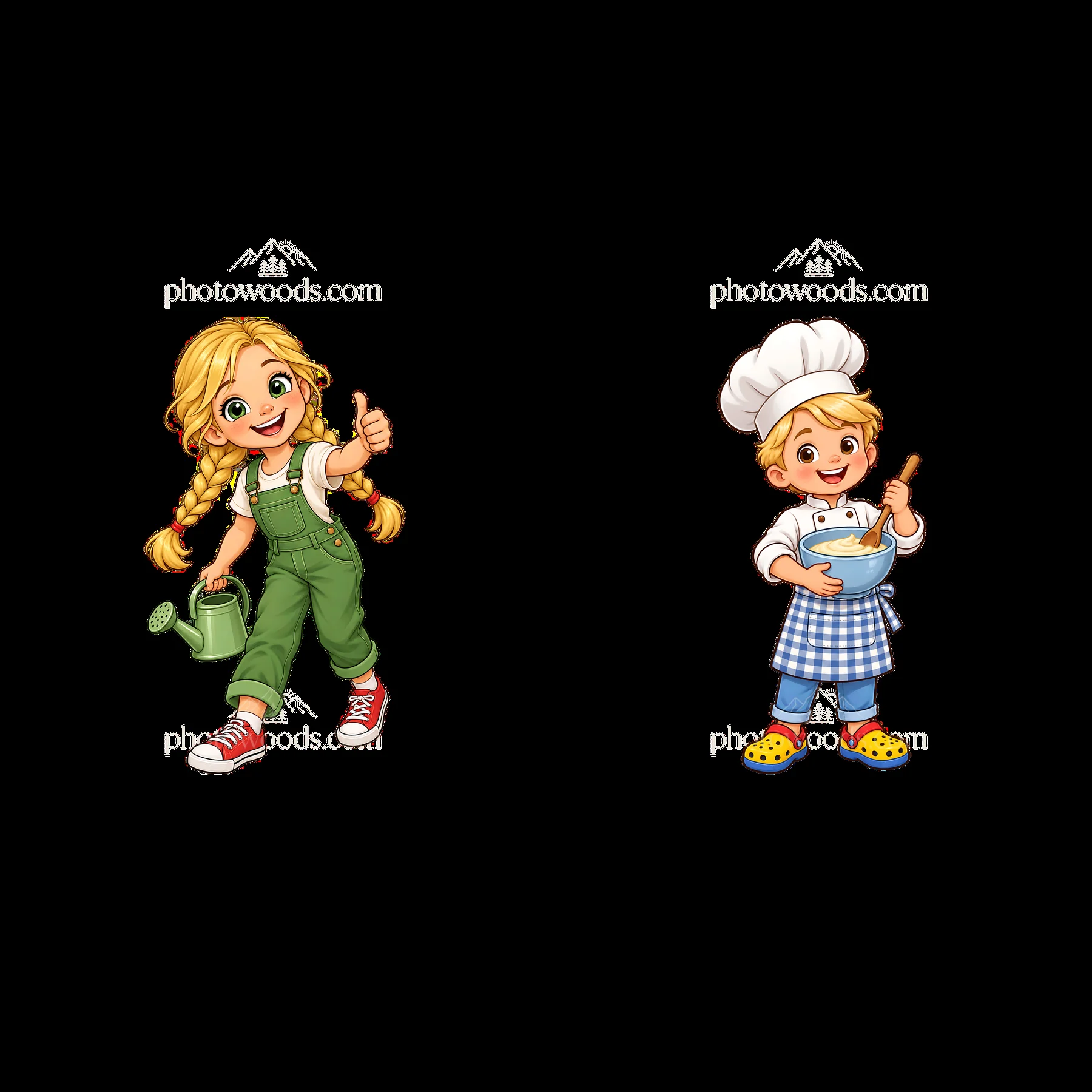 Blond child watering plants and cooking in a cheerful scene - AI-generated stock image