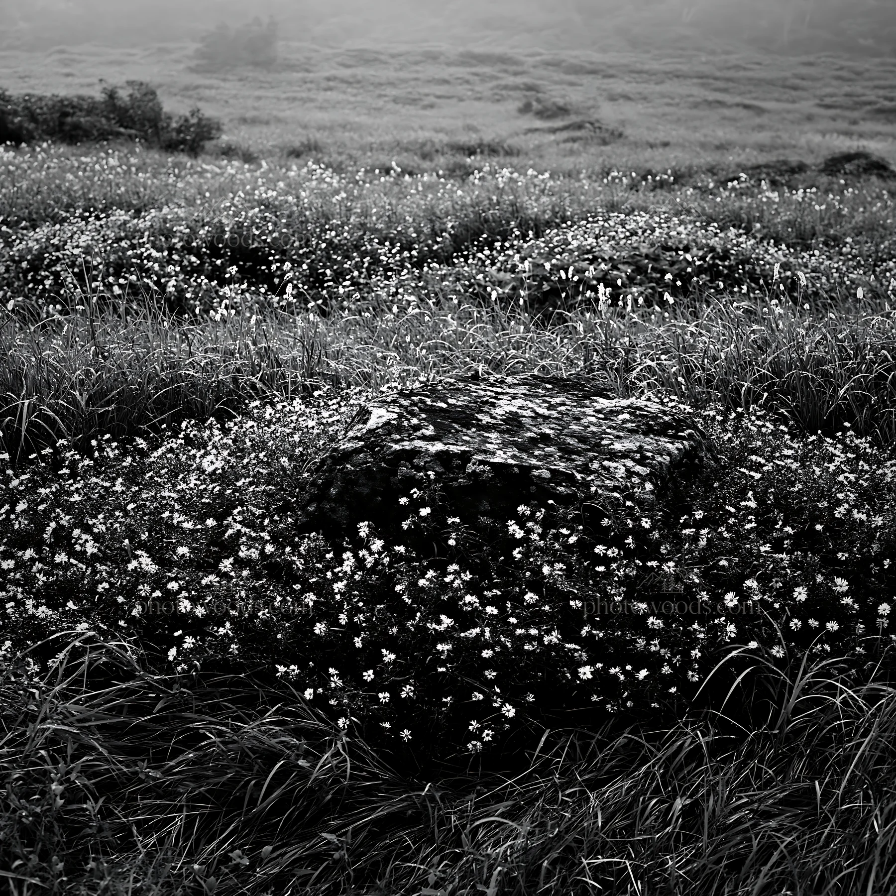 Black and white aomori climate resilient meadow with boulder - AI-generated stock image