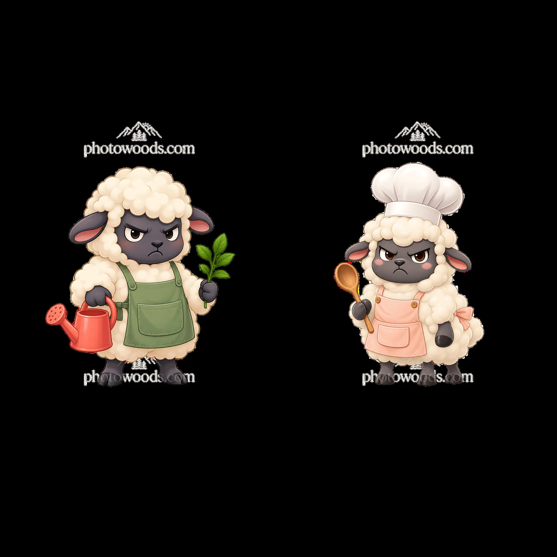Kawaii grumpy sheep with watering can and chef's hat - AI-generated stock image
