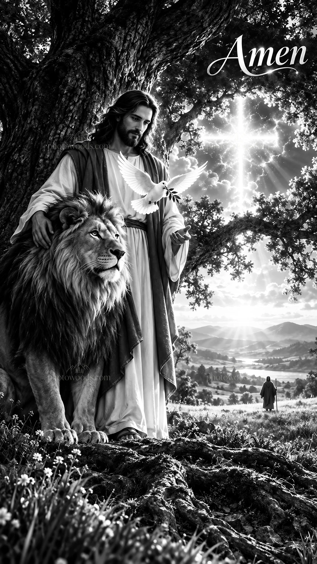 Jesus Christ with lion and dove in a peaceful nature setting - AI-generated stock image