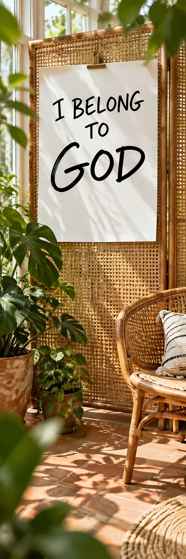 Jesus Christ in a natural setting with a sign saying I belong to God - AI-generated stock image
