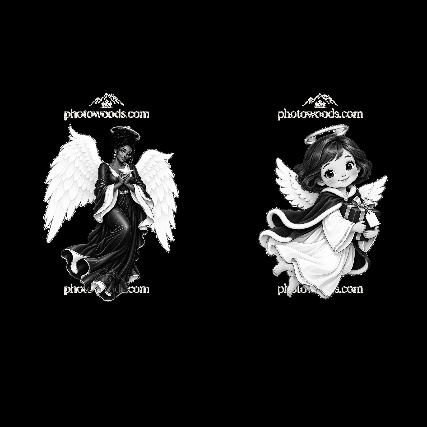 Christmas angels in black-and-white cartoon sticker style - AI-generated stock image