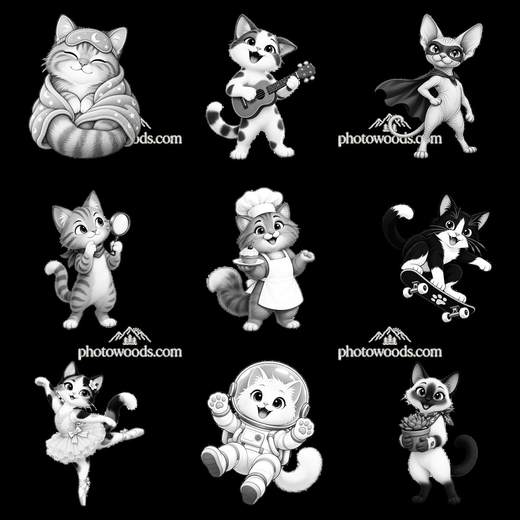 Cartoon cat characters engaging in various activities in a grid layout - AI-generated stock image