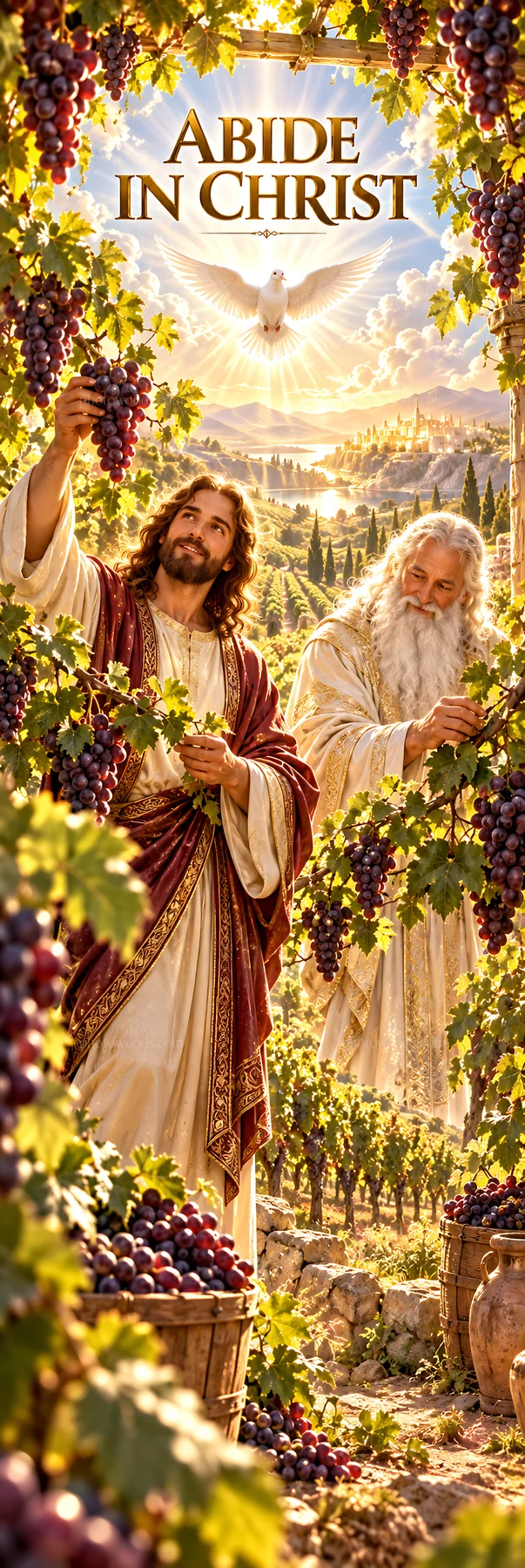 Jesus Christ tending to grapevines with a heavenly figure - AI-generated stock image