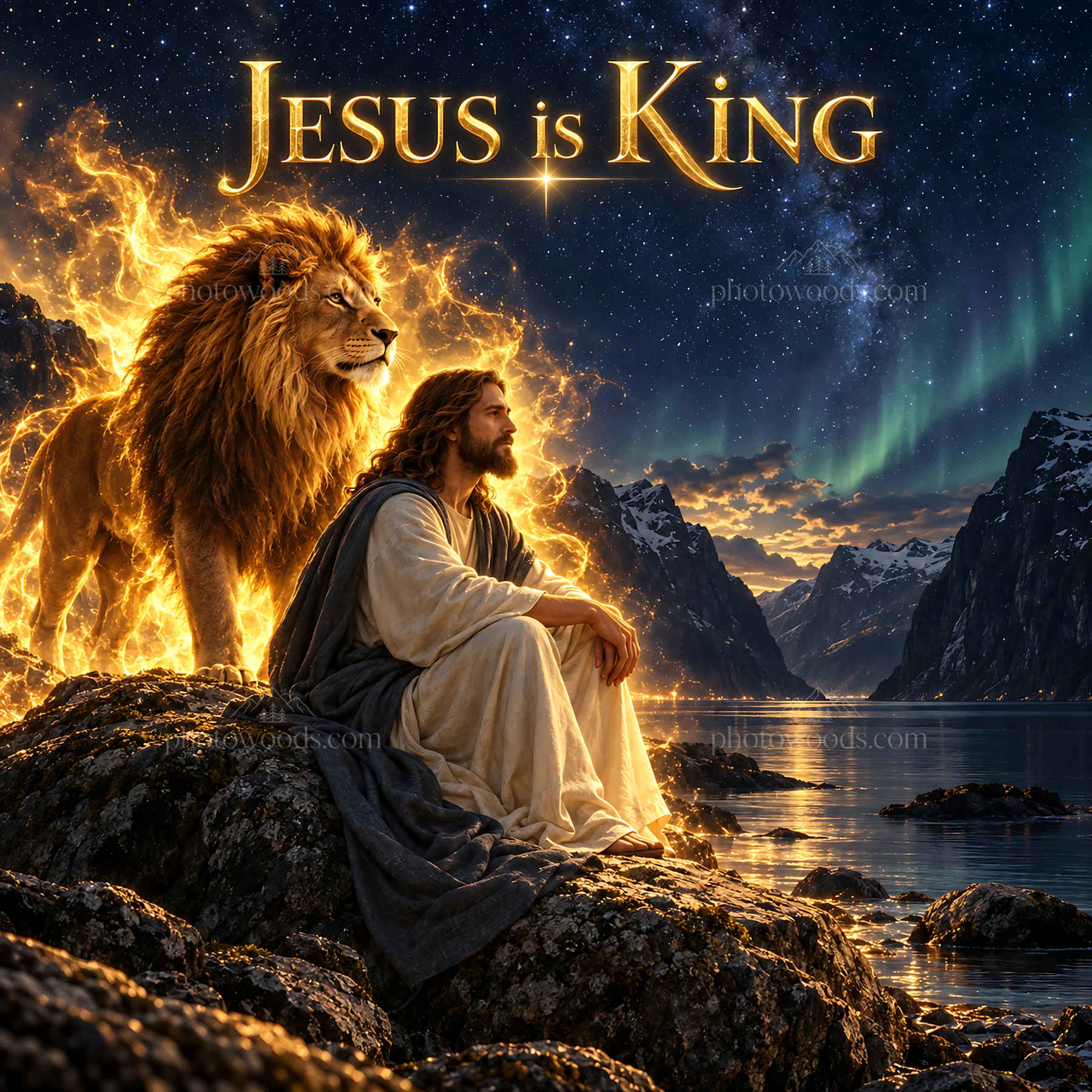 Jesus Christ sits by a river with a lion under northern lights - AI-generated stock image