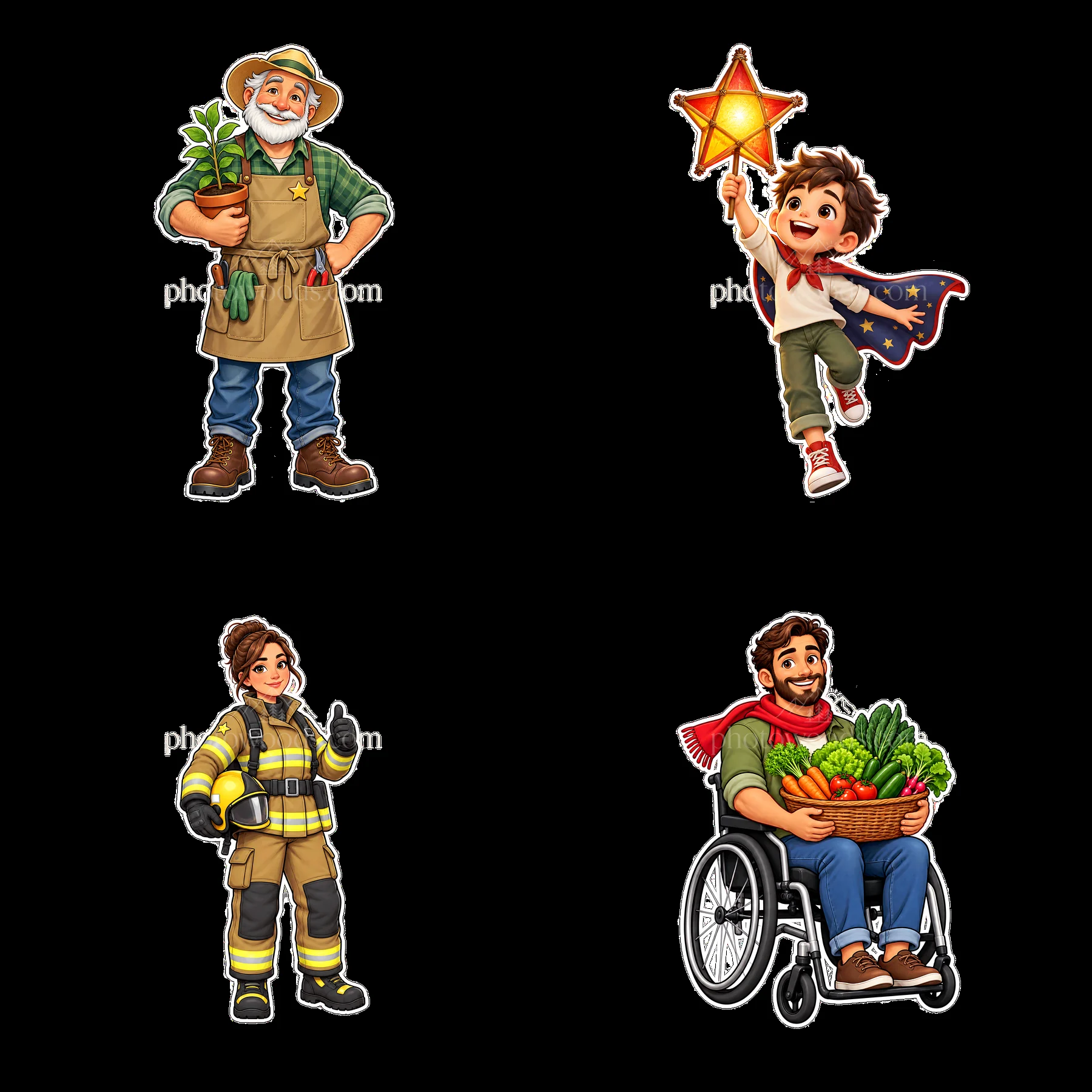 Four cartoon characters engaged in various activities - AI-generated stock image