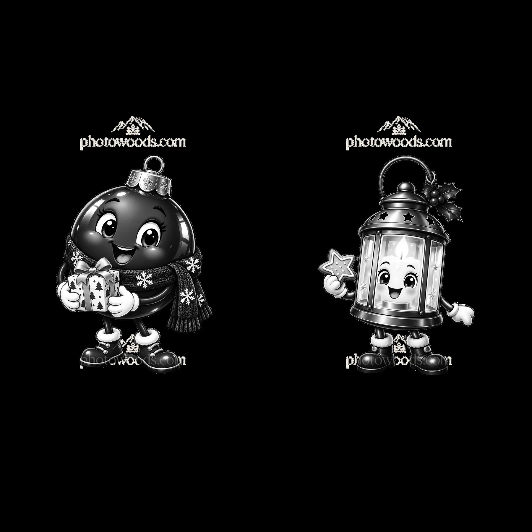 Cartoon Christmas ornament and lantern holding gifts - AI-generated stock image