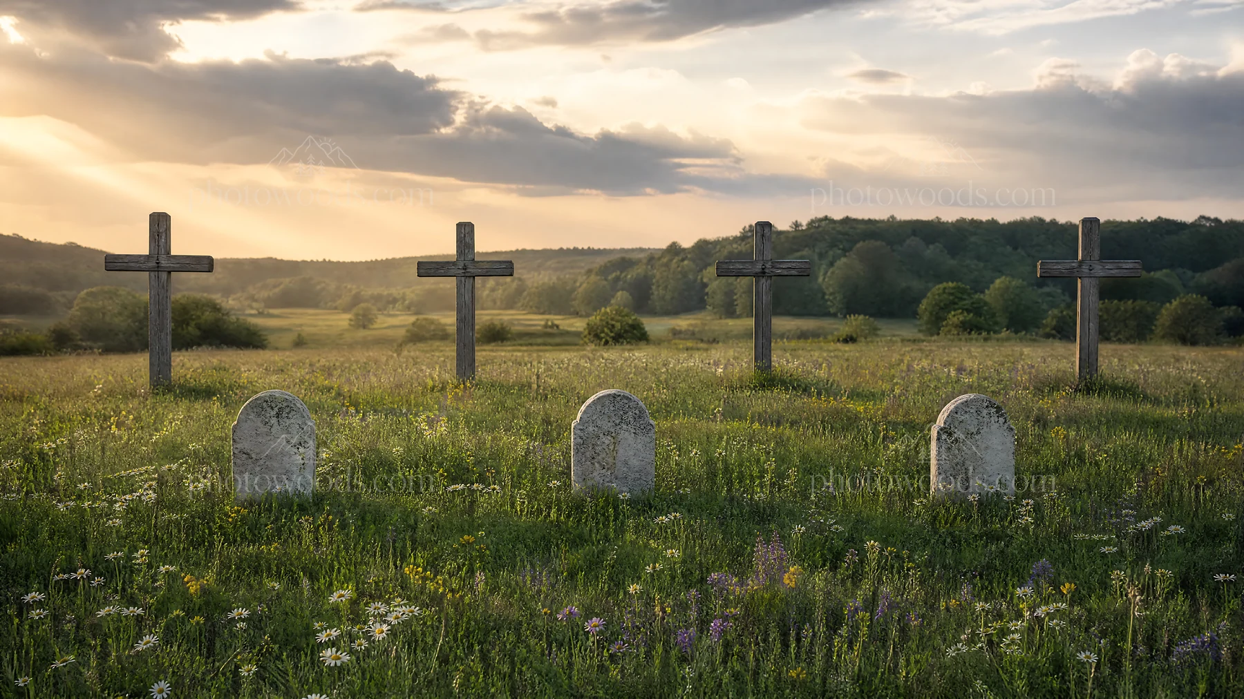 Christian crosses in meadow under sunlight with trees in background - AI-generated stock image
