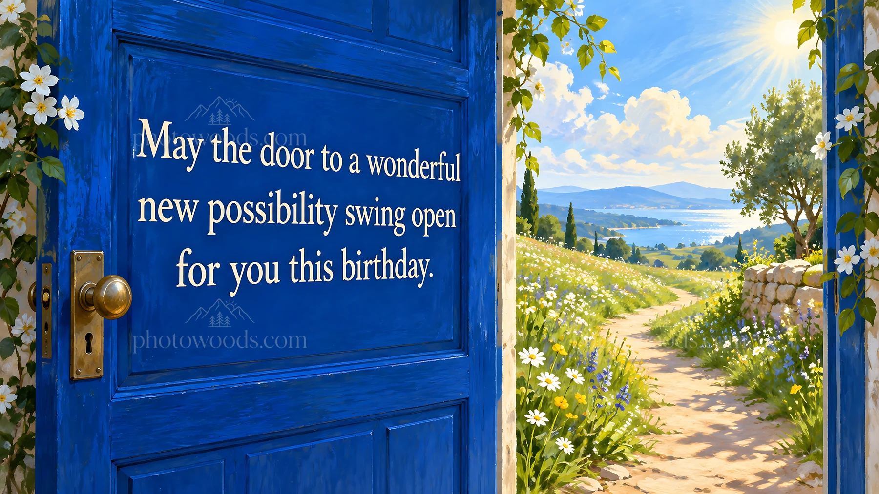 Birthday Greeting with a Door to New Possibilities - AI-generated stock image