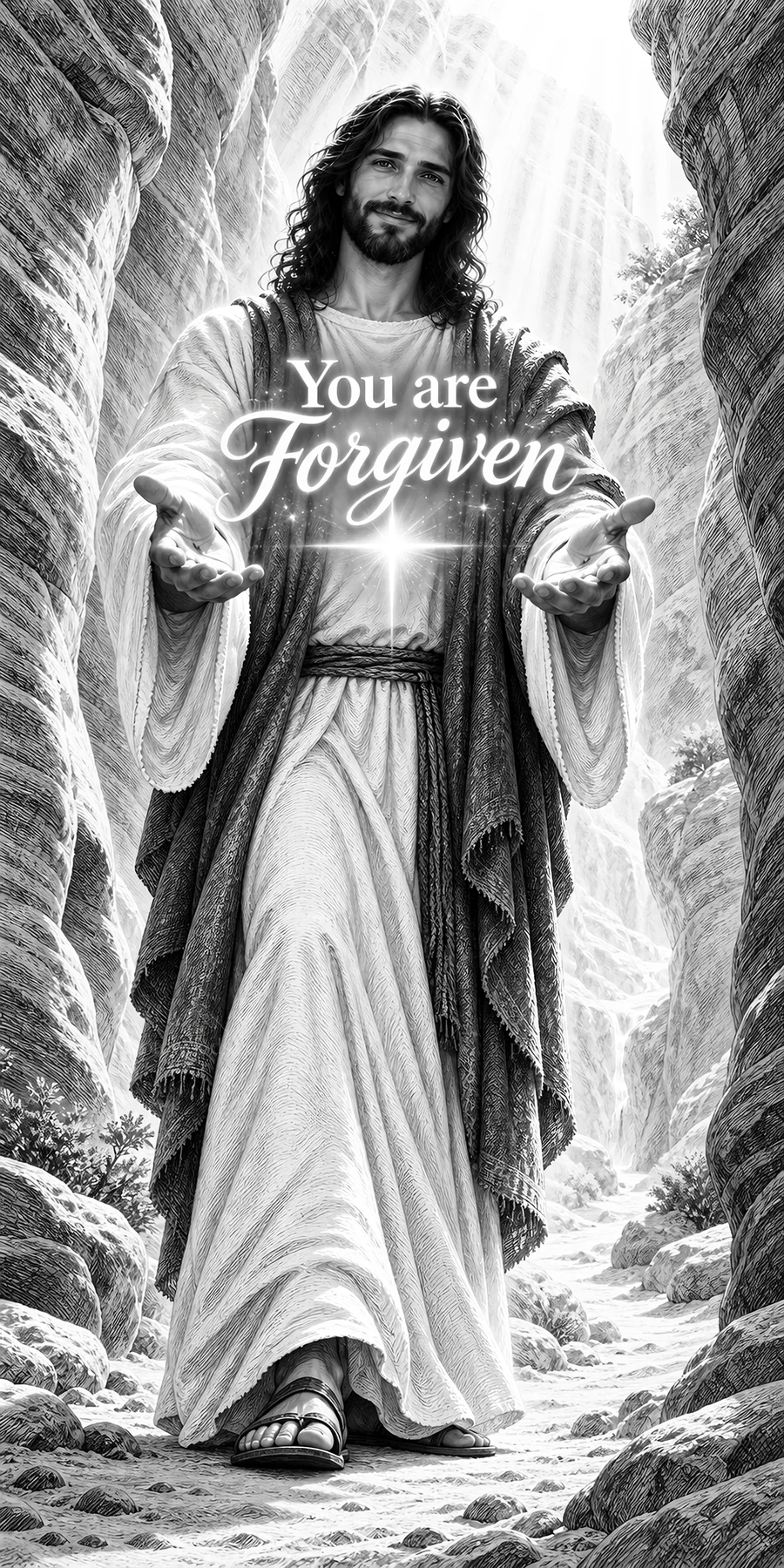 Jesus Christ offering forgiveness in a rocky landscape - AI-generated stock image