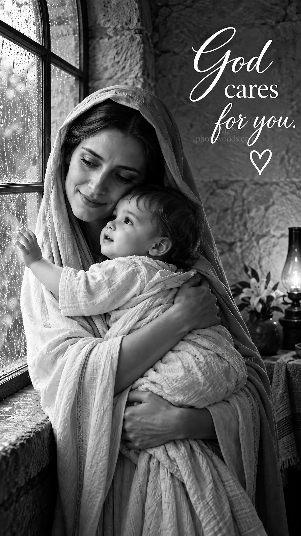 Jesus Christ comforts a mother and child in a warm setting - AI-generated stock image
