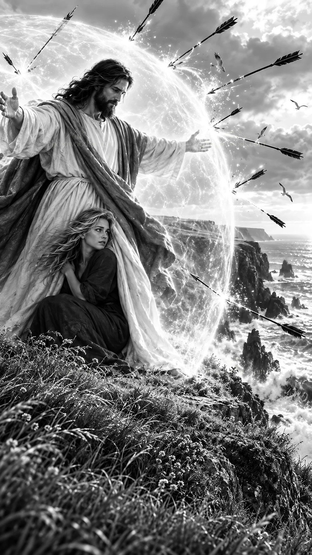 Jesus Christ protects a woman from arrows in a stormy landscape - AI-generated stock image
