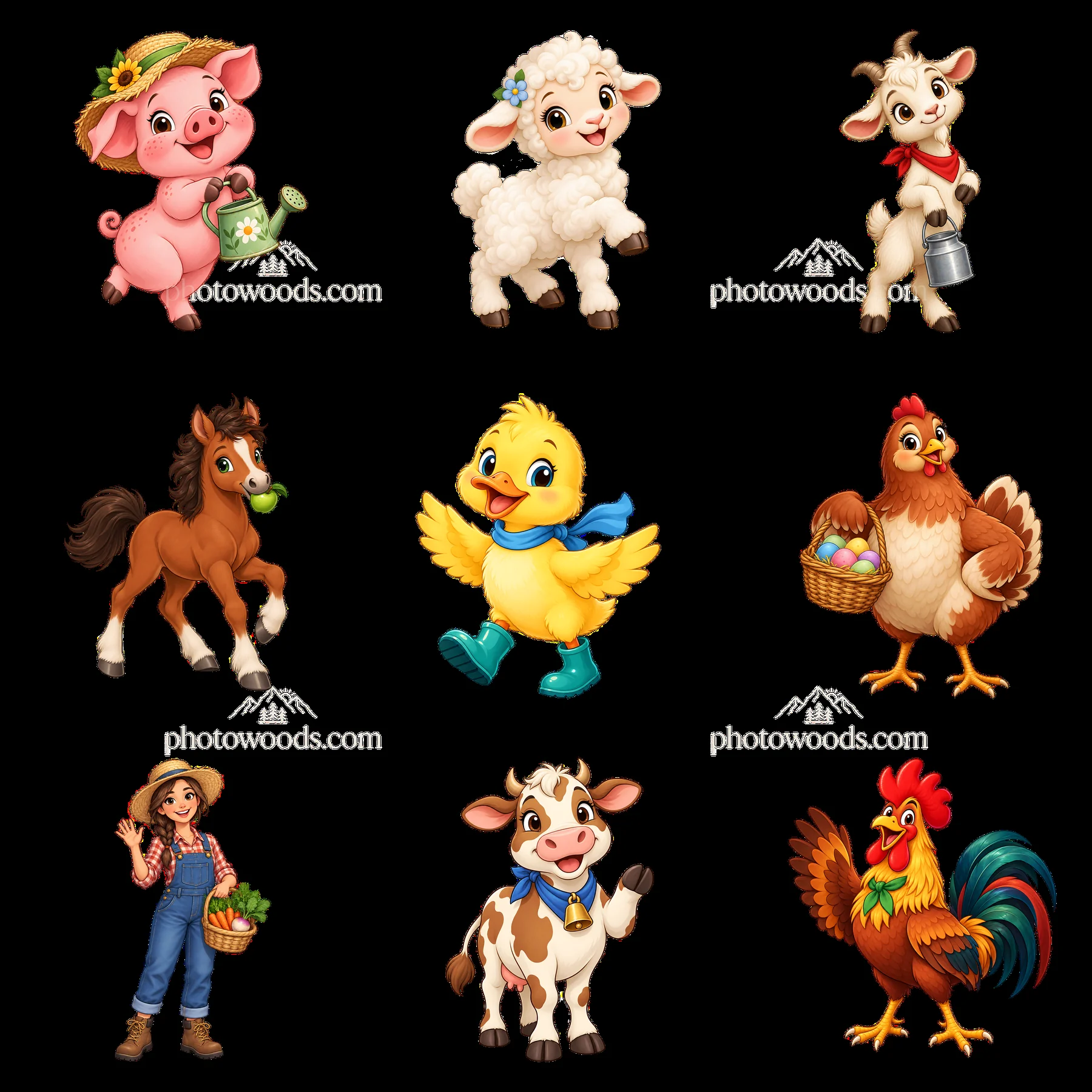 Farm animals and a farmer in a colorful cartoon sticker layout - AI-generated stock image