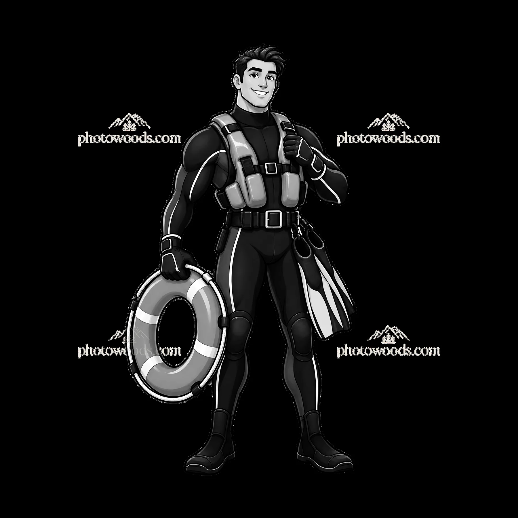 Lifeguard character with flotation device in black and white - AI-generated stock image