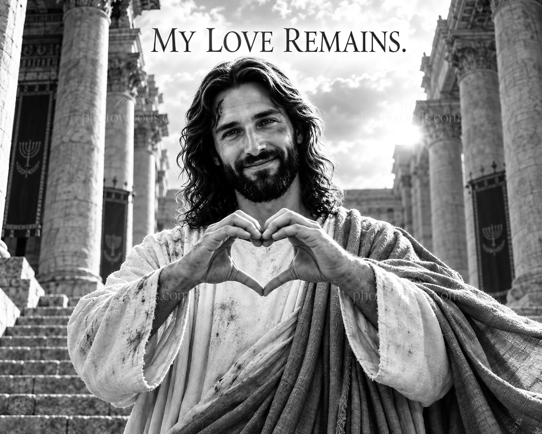 Jesus Christ making a heart shape with his hands - AI-generated stock image