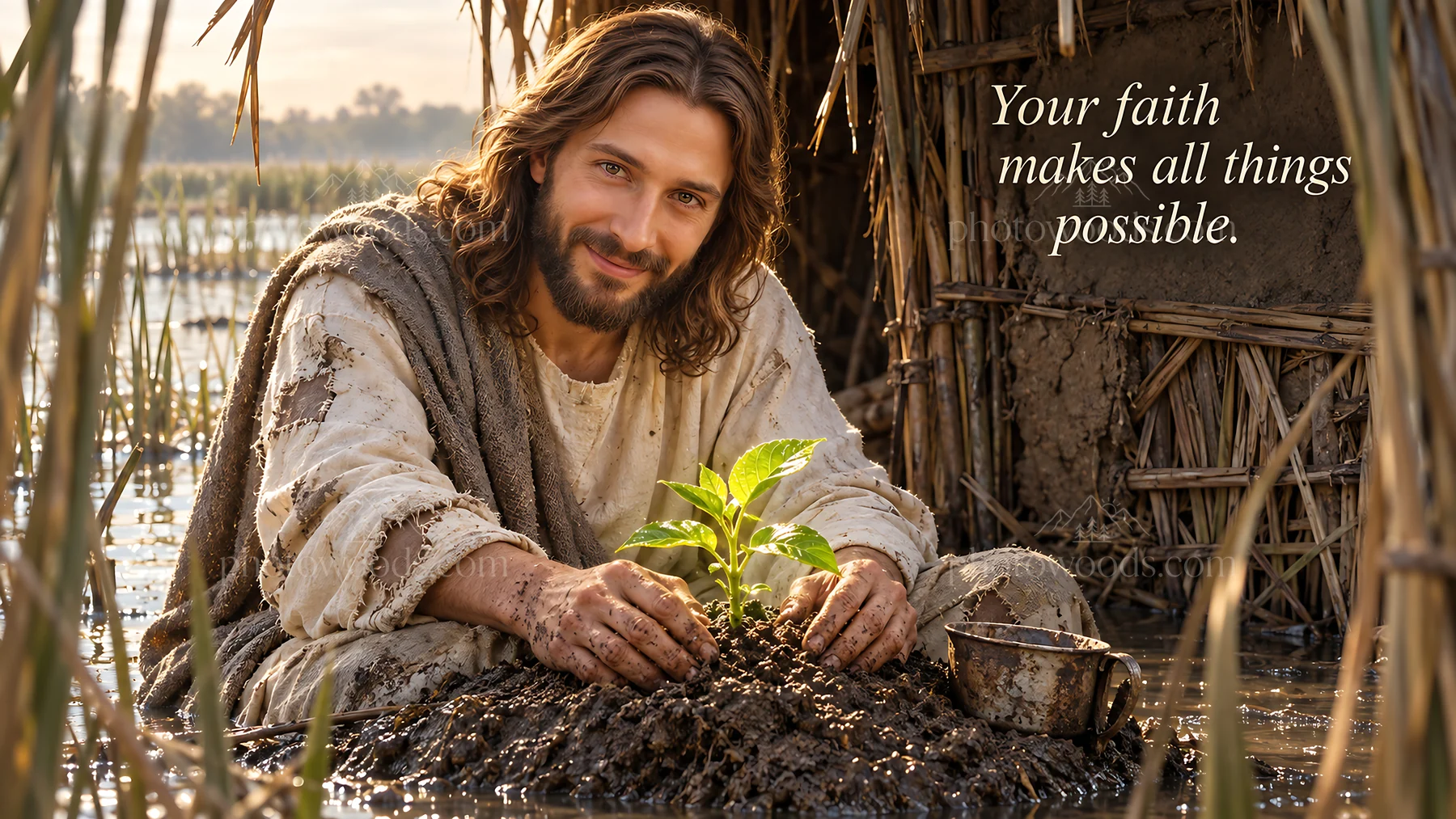 Jesus Christ planting in a garden - AI-generated stock image
